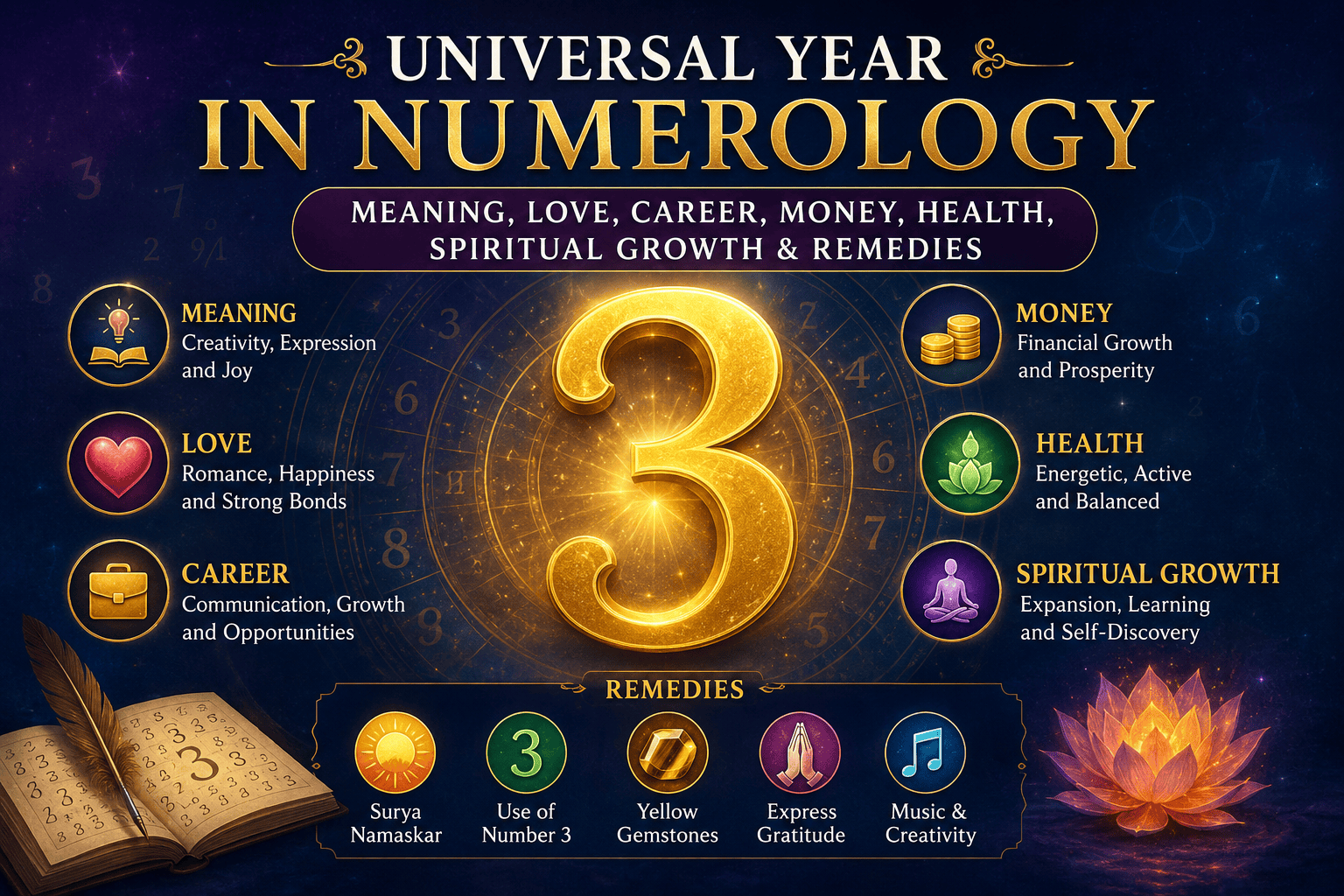 Universal Year 3 in Numerology showing creativity, love, career, money, health, spiritual growth, and remedies with a glowing golden number 3.
